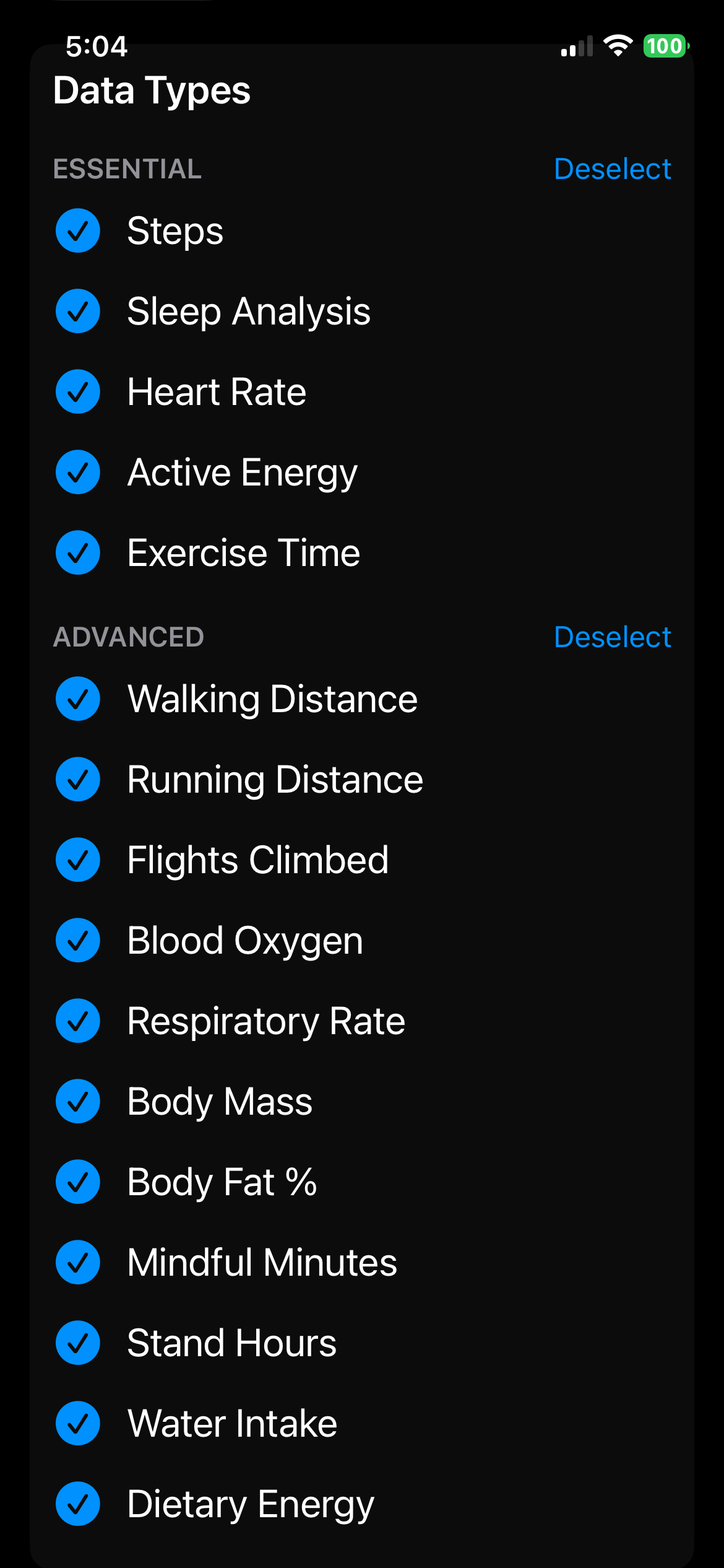 Select health data types to export
