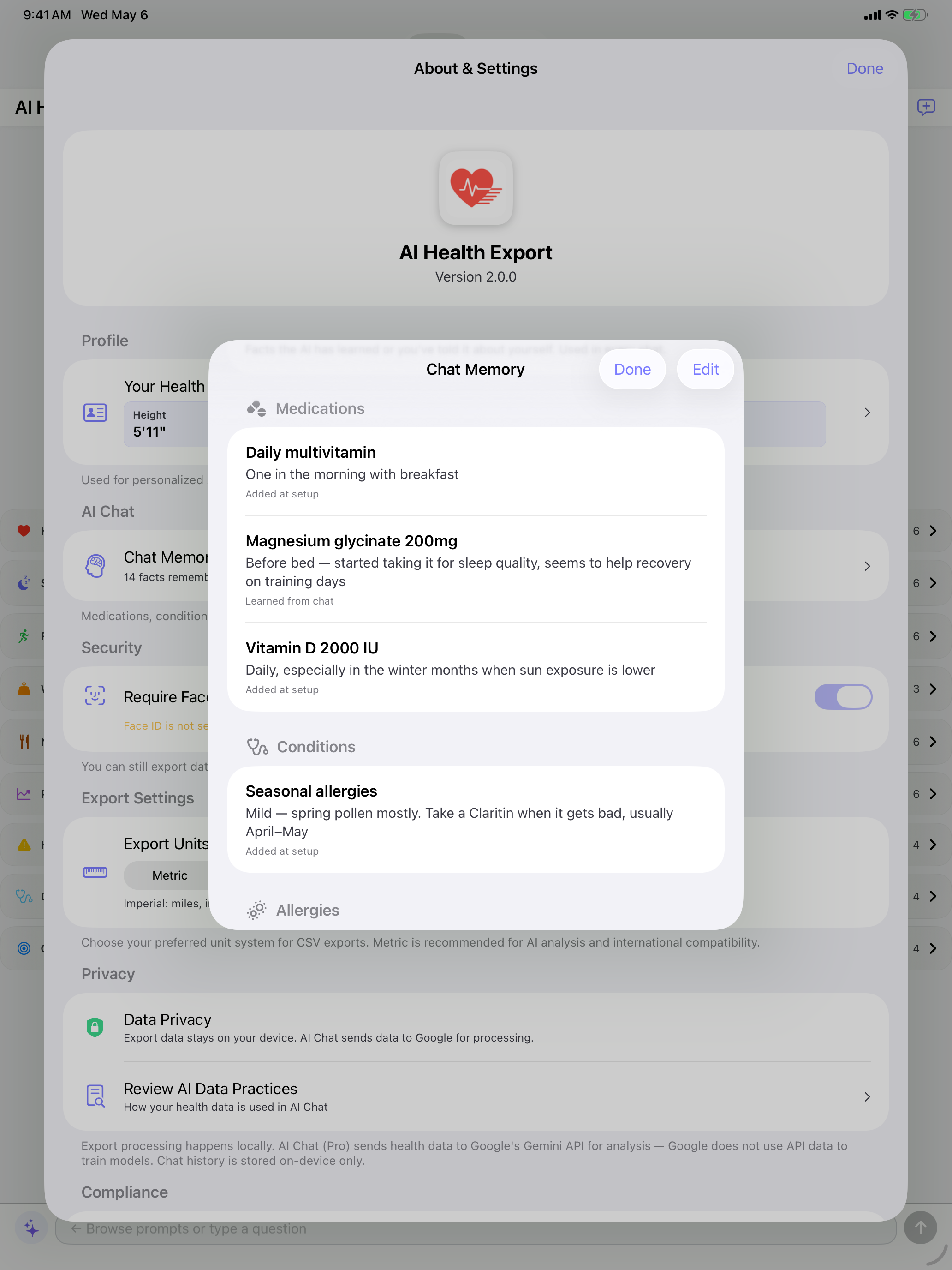 AI Health Export Chat Memory settings showing saved health context