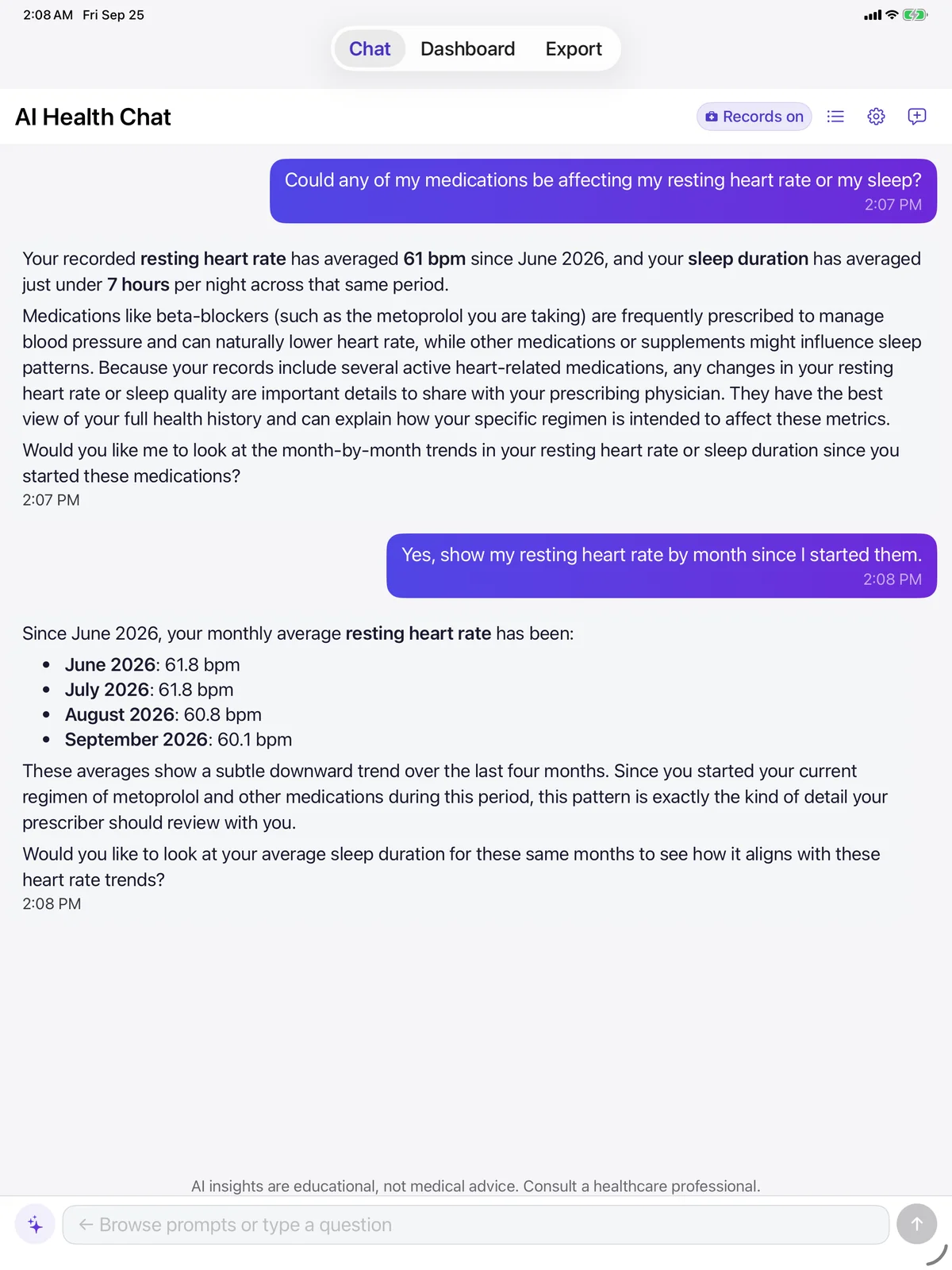 AI Health Export in-app chat answering a medication question with Medical Records on