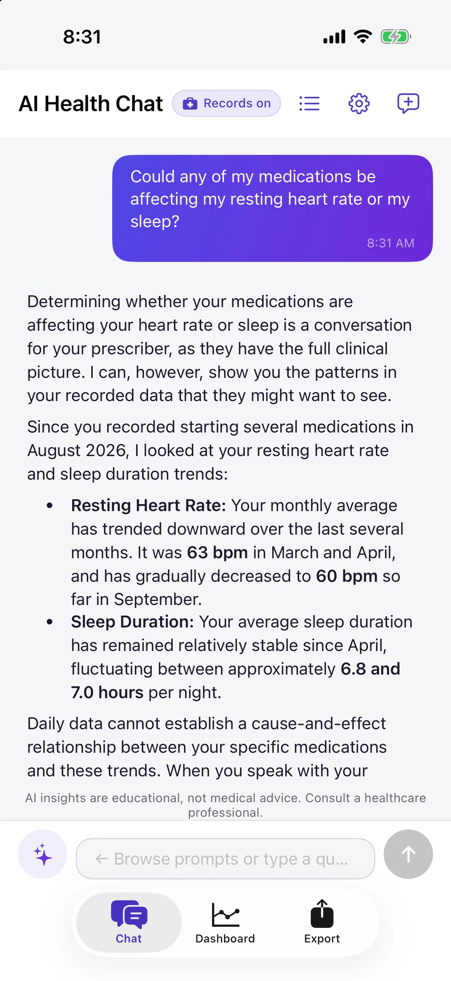 AI Health Chat with Medical Records on, answering whether medications could affect resting heart rate or sleep, with resting heart rate and sleep trends since the medications started