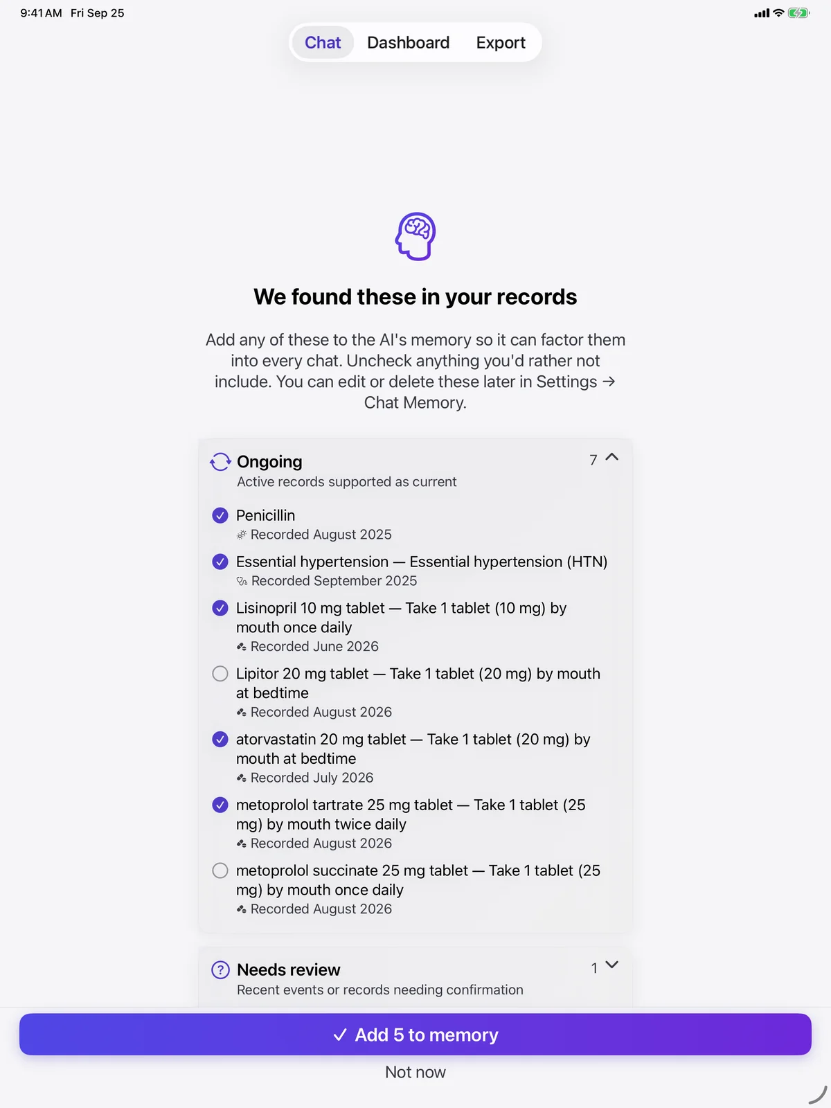 Chat Memory review of records found in Apple Health, with each item chosen before saving