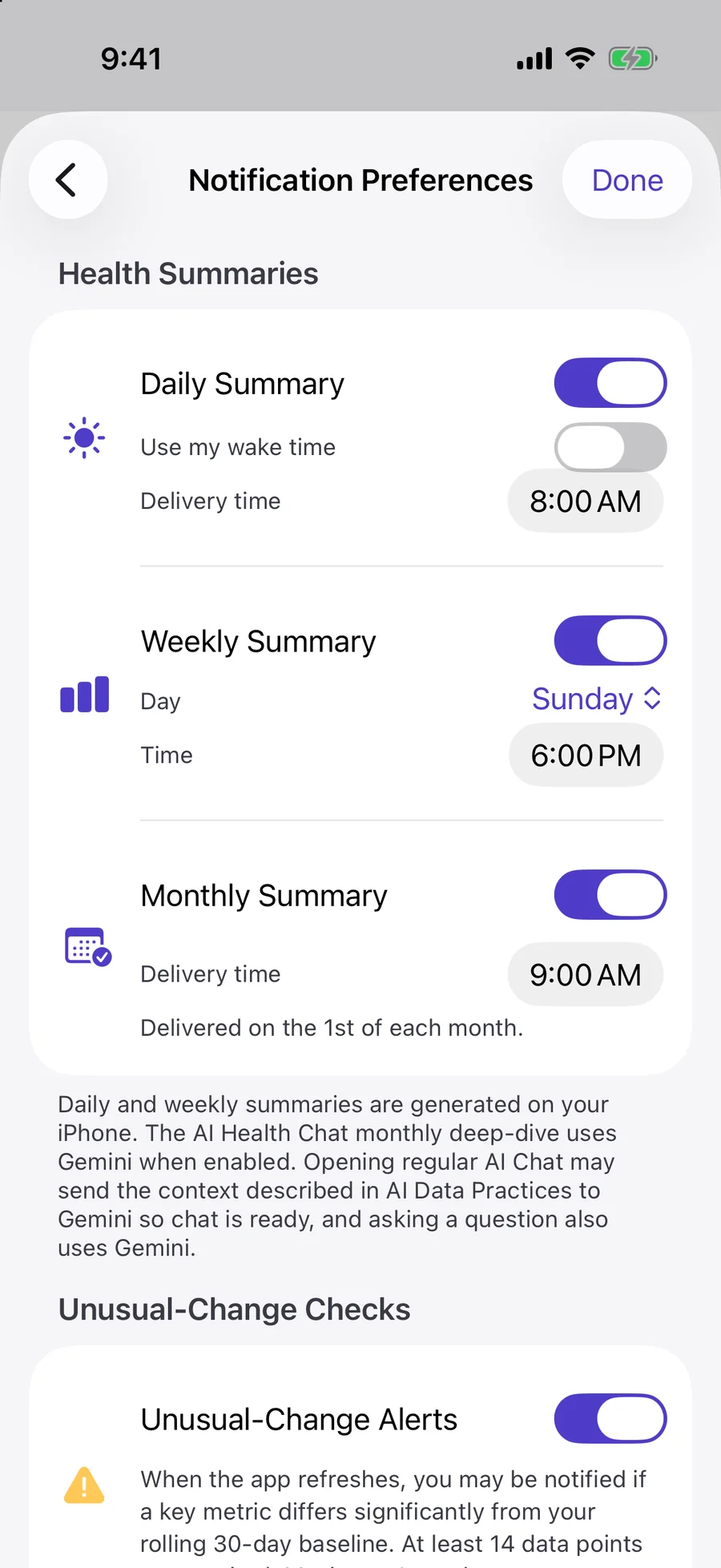 Notification preferences for daily, weekly, and monthly health summaries, and unusual-change alerts
